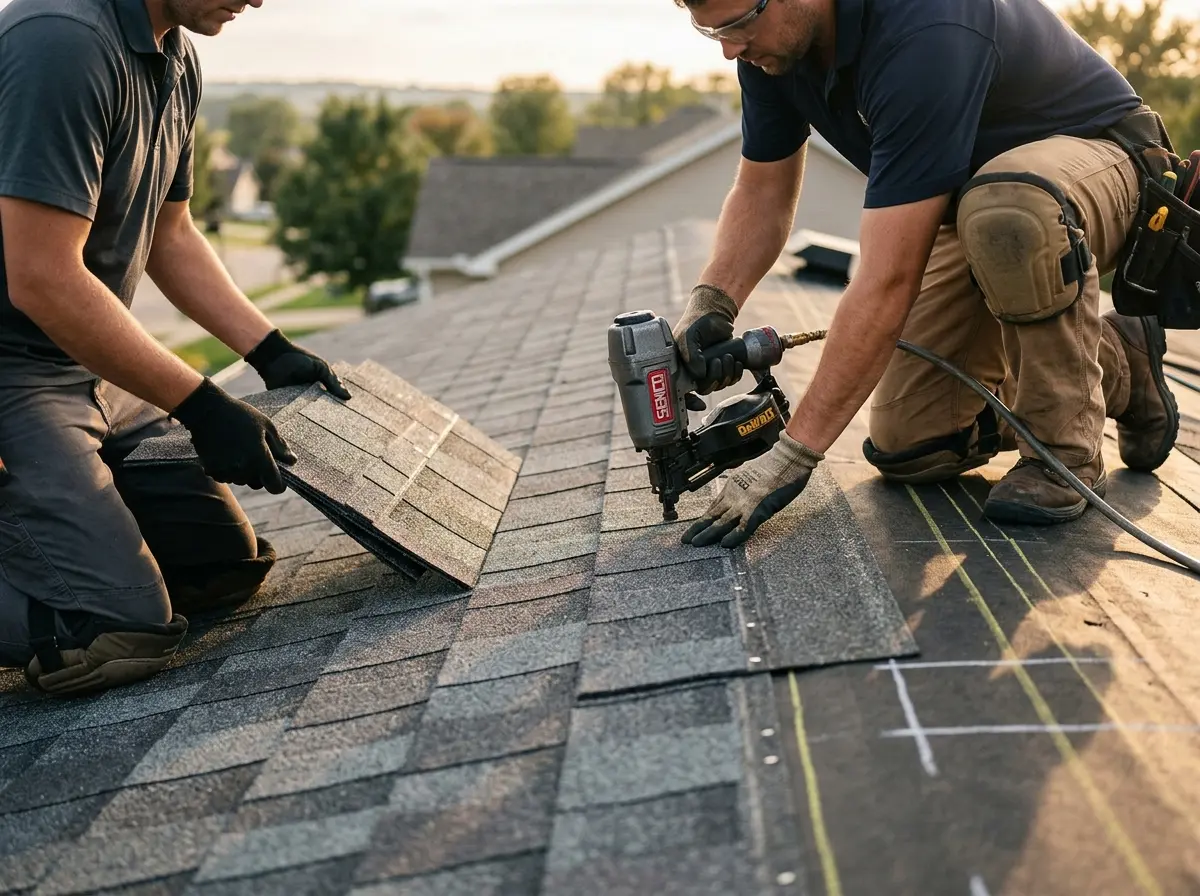 Professional roofer working on a residential roof in Gas City